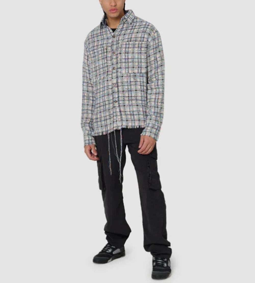 New mnml Raw Edge Textured Flannel Oversize Button Shirt in blue Men's S 3982